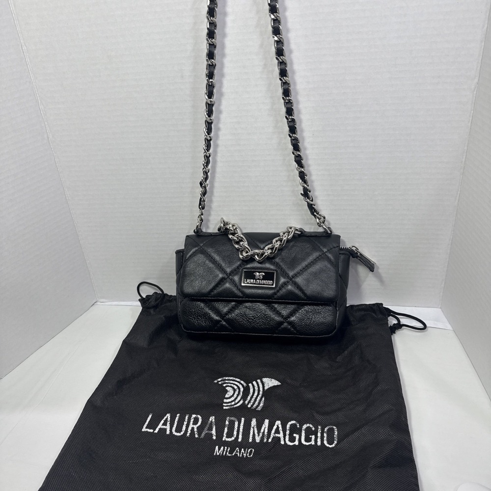 Laura Di Maggio Italian-made Leather Quilted Shoulder Bag – Black-preowned.
